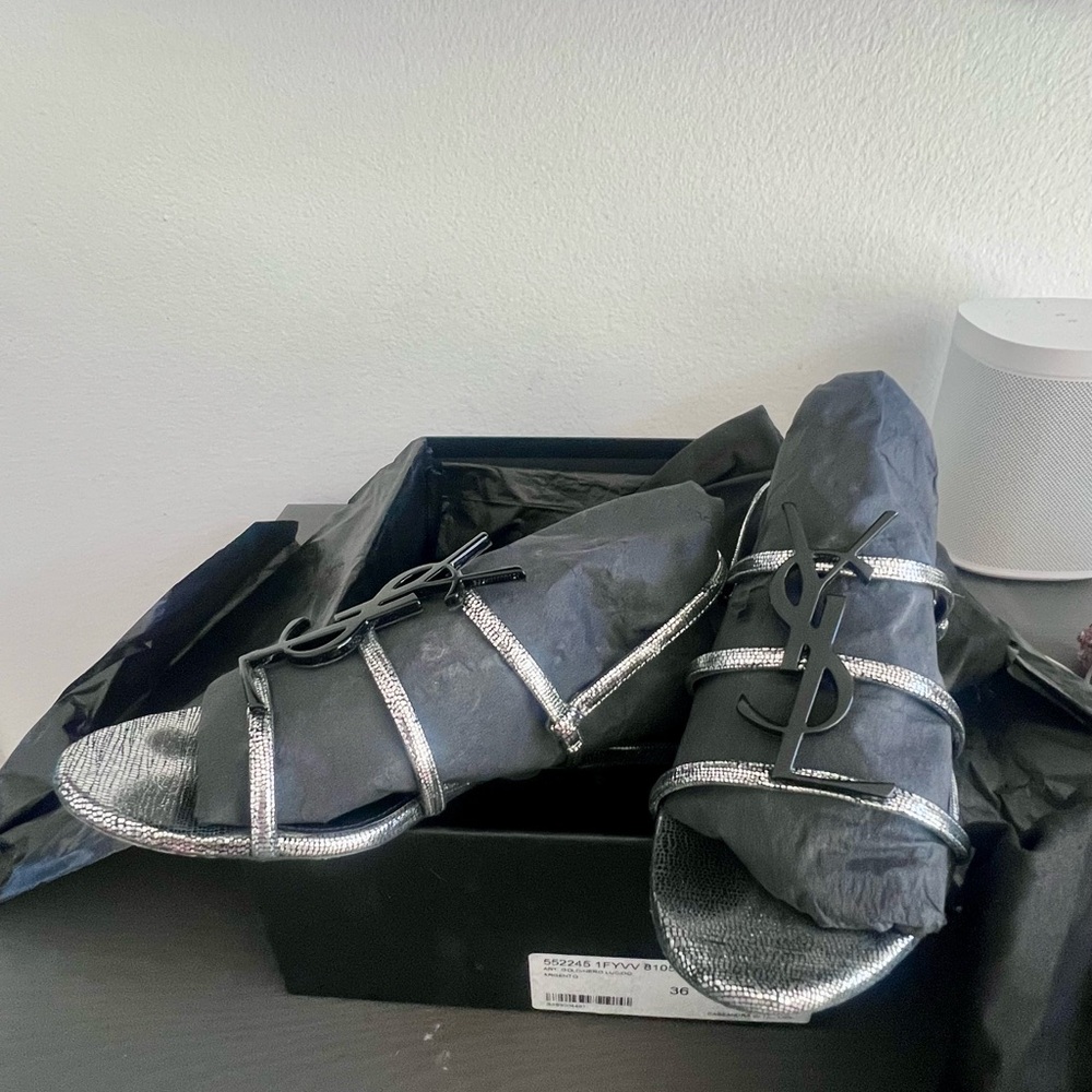 Saint Laurent Silver and Black YSL Logo Sandals